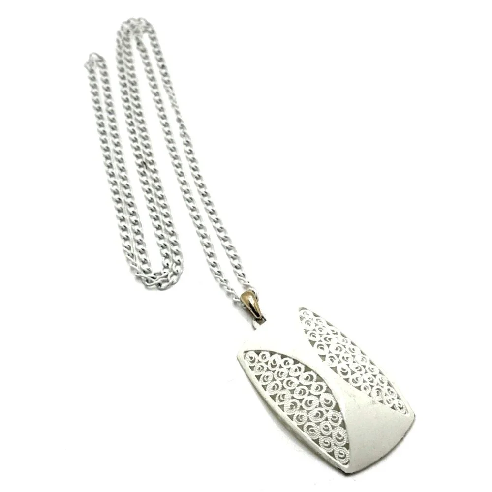 Vintage MCM White Enameled Metal Pendant Necklace Filigree Statement 31